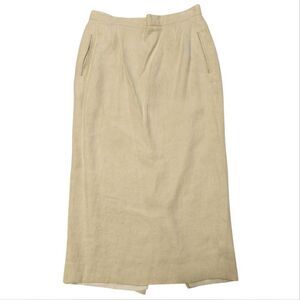 Vtg Harris Wallace Linen Flax Cream Pleated Midi Skirt with Slit Sz M/14